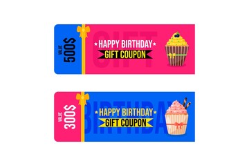 Gift coupon. Birthday voucher banner. Colorful flat discount. Holiday vector illustration