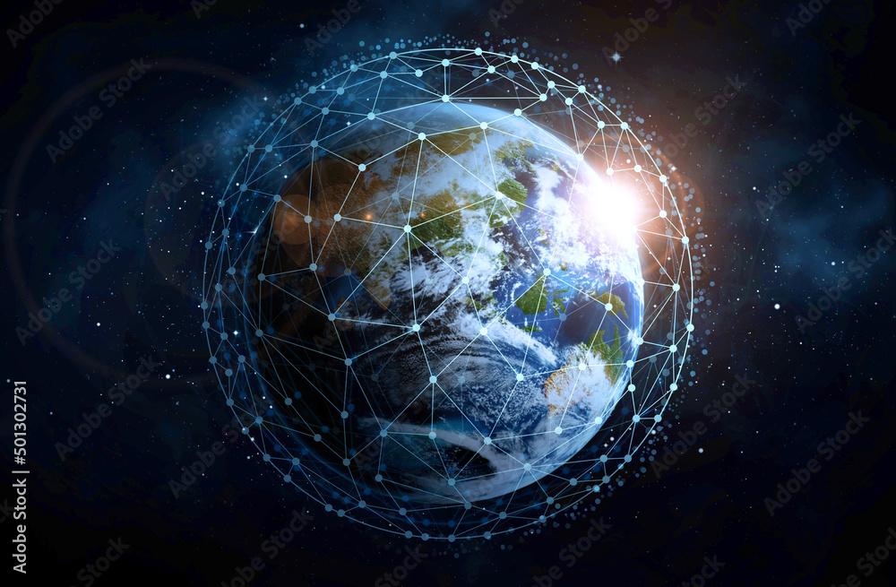 Wall mural global network connection. earth in open space and digital web, illustration