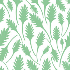 Leaves. Figured part of the plant. Green vegetation. Repeating vector pattern. Seamless floral ornament. Abstract background of green leaves. Isolated colorless background. Idea for web design