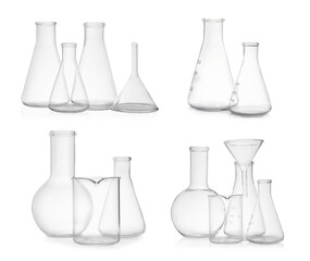 Set of different empty laboratory glassware on white background