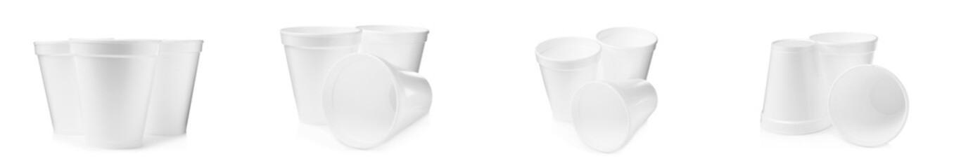 Set with styrofoam cups on white background. Banner design