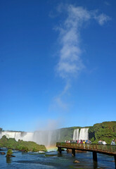 Powerful Brazilian Side Iguazu Falls with Large Group of Visitor on the Boardwalk, Foz do Iguacu Town, Brazil, South America
