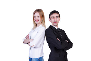The company's staff is self-confident: a man and a woman stand brightening their hands on their chests