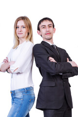 The company's staff is self-confident: a man and a woman stand brightening their hands on their chests