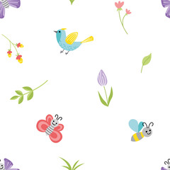 Cute spring seamless pattern with bird, flowers, butterfly and bee. Flat, cartoon, vector