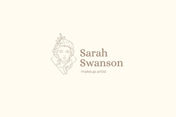 Monochrome woman bust portrait elegant medieval hairstyle botanical blossom line art logo vector