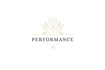 Magic human hands with half moon and gem elegant blossom triangle frame line art logo vector