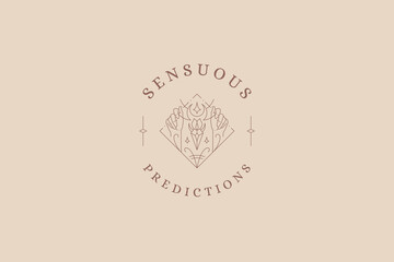 Human hands holding geometric rhombus border esoteric brilliant design line art logo vector