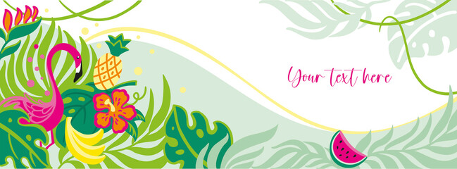 Flamingo  in tropical forest. Floral banner. Summer banner. Mockup. Vector illustration.