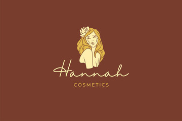 Gorgeous blonde woman with bloom rose on head naked body elegant chic golden logo vector