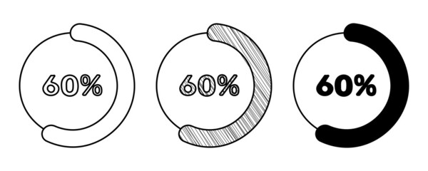 Set of hand drawn vector percentage diagram 60% in doodle cartoon style on white background