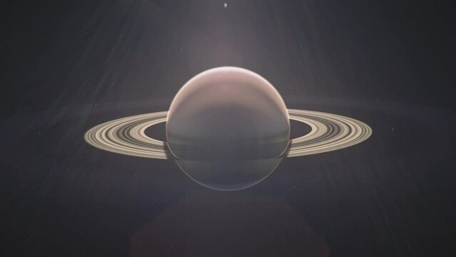 Backlit rings of planet Saturn with lens flare. Slow zoom in. Photorealistic, cinematic space sci-fi style footage. 