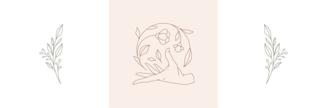 Minimalist contour human hand circled botanical stem with leaves decorated by natural tropical twig