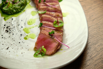Sliced steak with blood