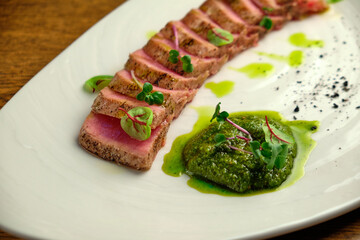Sliced steak with blood