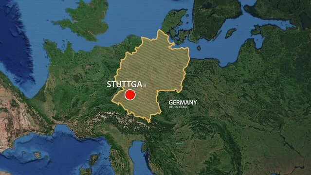 Designation of the borders of Germany on the map and the mark of the location of the city of Stuttgart
