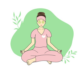 
Flat illustration of a girl in pink pajamas. A beautiful girl with cucumbers sits in a lotus position, does yoga in the morning. Color illustration as a symbol of a healthy lifestyle.