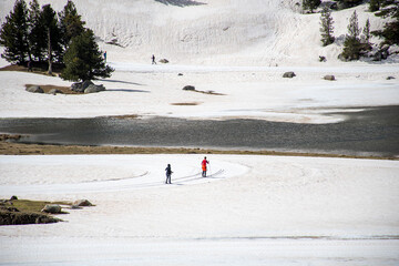 Winter landscape with some people practicing cross-country skiing in the Benasque valley.