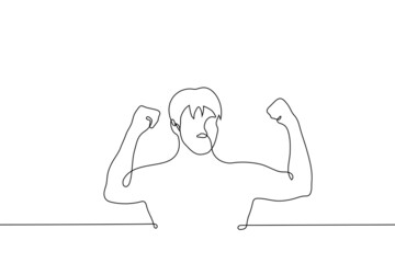 man showing muscles arms - one line drawing vector. concept strong slender athlete showing off his biceps