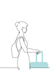 woman is standing in a mask with a suitcase and a backpack on her back - one line drawing vector. concept of a woman leaving or arriving, she is waiting to board a plane, train or bus