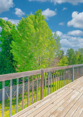 Fototapeta premium Vertical White puffy clouds Wooden deck of a house with stainless steel gas barbecue grill