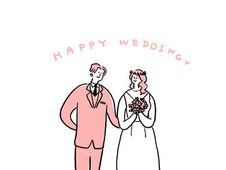 ウエディングドレスの女性とタキシードの男性、テキストあり（横、中央配置）