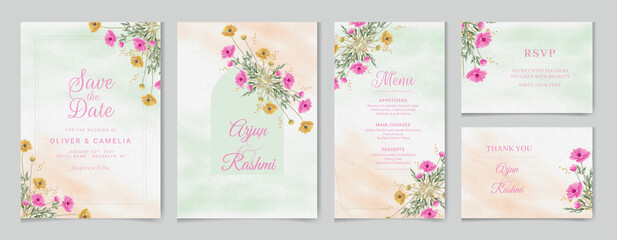 Fototapeta na wymiar Wedding invitation card template set with watercolor and floral decoration. Flowers illustration for save the date, greeting, poster, and cover design Abstract Background, rsvp and Instagram story.