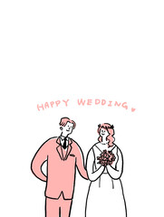 ウエディングドレスの女性とタキシードの男性、テキストあり（縦）