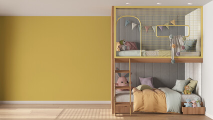 Children bedroom background with copy space in yellow and pastel tones, parquet floor, wooden bunk bed with duvet, pillows, ladder and toys. Template mock-up interior design concept