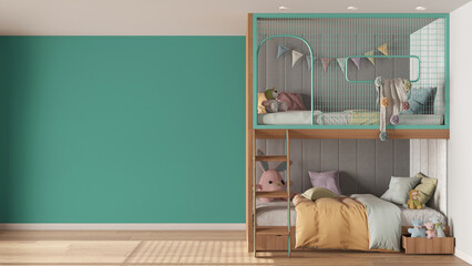 Children bedroom background with copy space in turquoise and pastel tones, parquet floor, wooden bunk bed with duvet, pillows, ladder and toys. Template mock-up interior design idea