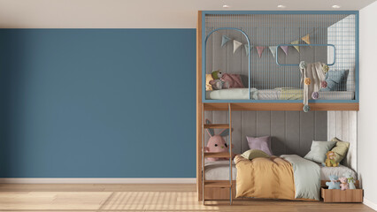 Obraz na płótnie Canvas Children bedroom background with copy space in blue and pastel tones, parquet floor, wooden bunk bed with duvet, pillows, ladder and toys. Template mock-up interior design concept