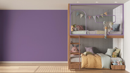 Children bedroom background with copy space in purple and pastel tones, parquet floor, wooden bunk bed with duvet, pillows, ladder and toys. Template mock-up interior design concept