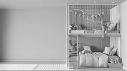 Total white project draft, children bedroom background with copy space, parquet floor, wooden bunk bed with duvet, pillows, ladder and toys. Template mock-up interior design concept