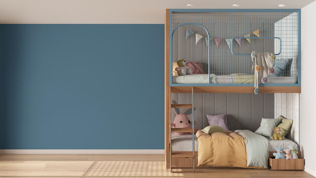 Children Bedroom Background With Copy Space In Blue And Pastel Tones, Parquet Floor, Wooden Bunk Bed With Duvet, Pillows, Ladder And Toys. Template Mock-up Interior Design Concept