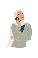 Muslim woman uses a phone. Hijab girl talks on smartphone. Modern vector illustration isolated on white background.