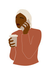 Black muslim woman uses a phone. Hijab girl talks on smartphone. Modern vector illustration isolated on white background.