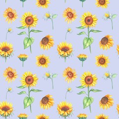 Watercolor seamless pattern with sunflowers.