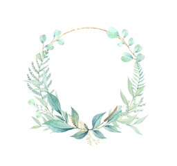 Watercolor leaf wreath. Floral background hand painted.