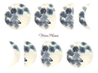 Watercolor Set of moon phases. Hand drawn watercolor illustration.