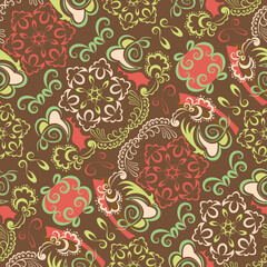 Abstract seamless ethnic pattern with ornament from doodle curls of different colors on brown terracotta backdrop for textile design. Vector