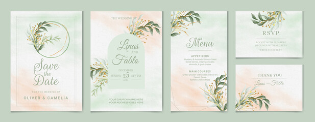 Elegant watercolor wedding invitation and menu template with greenery leaves, rsvp thank you and Instagram story.
