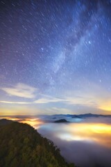 The night star trails with a sea of mist on Southern of Thailand