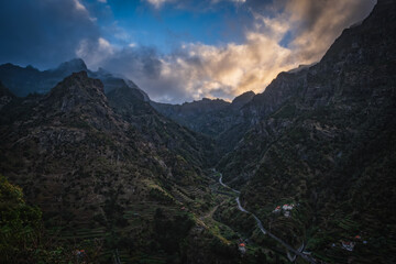 Obraz premium Vale da Serra de Agua view at sunrise, Ribeira Brava, Madeira Island, Portugal. Panoramic view, october 2021