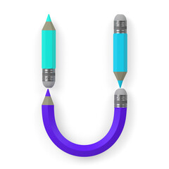 Letter U made of colored pencils, isolated on white, 3d rendering