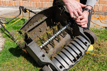 Electric Lawn scarifier. Work on green grass