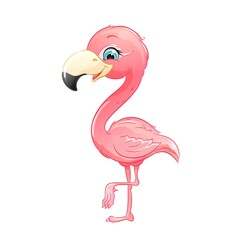 Cute cartoon pink flamingo, vector illustration. Isolated on white background.