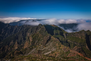 View from Pico Ruivo peak towards the refuge and Achada do Teixeira area on Madeira island of Portugal. October 2021