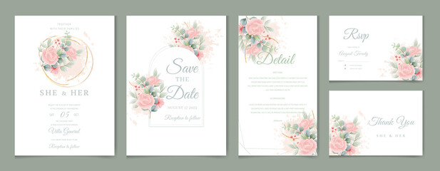 Wedding invitation card template set with watercolor and floral decoration. Flowers illustration for save the date, greeting, poster, and cover design  Abstract Background, rsvp and Instagram  story.