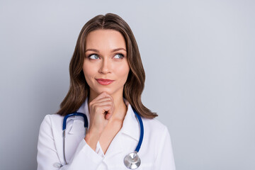 Photo of pensive lady intern look empty space minded think covid option prevention isolated grey...