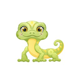 Cute cartoon green lizard, vector illustration. Isolated white background.